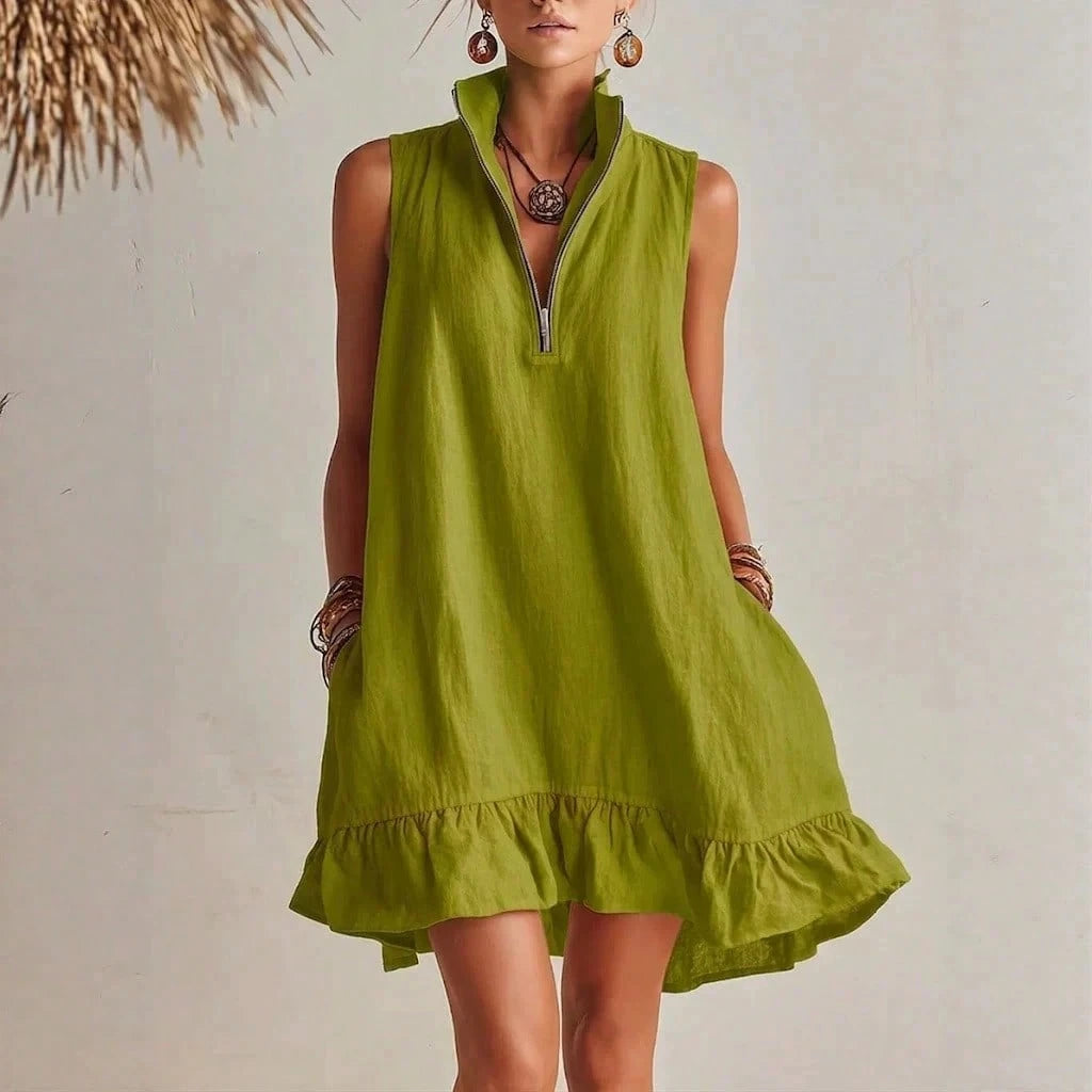KZKZWK Women's Linen-Blend Sleeveless Mini Dress, Half Zip Stand