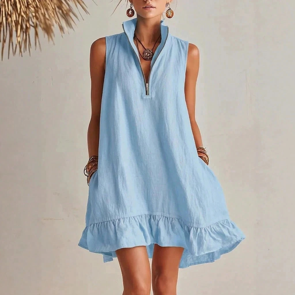 KZKZWK Women's Linen-Blend Sleeveless Mini Dress, Half Zip Stand