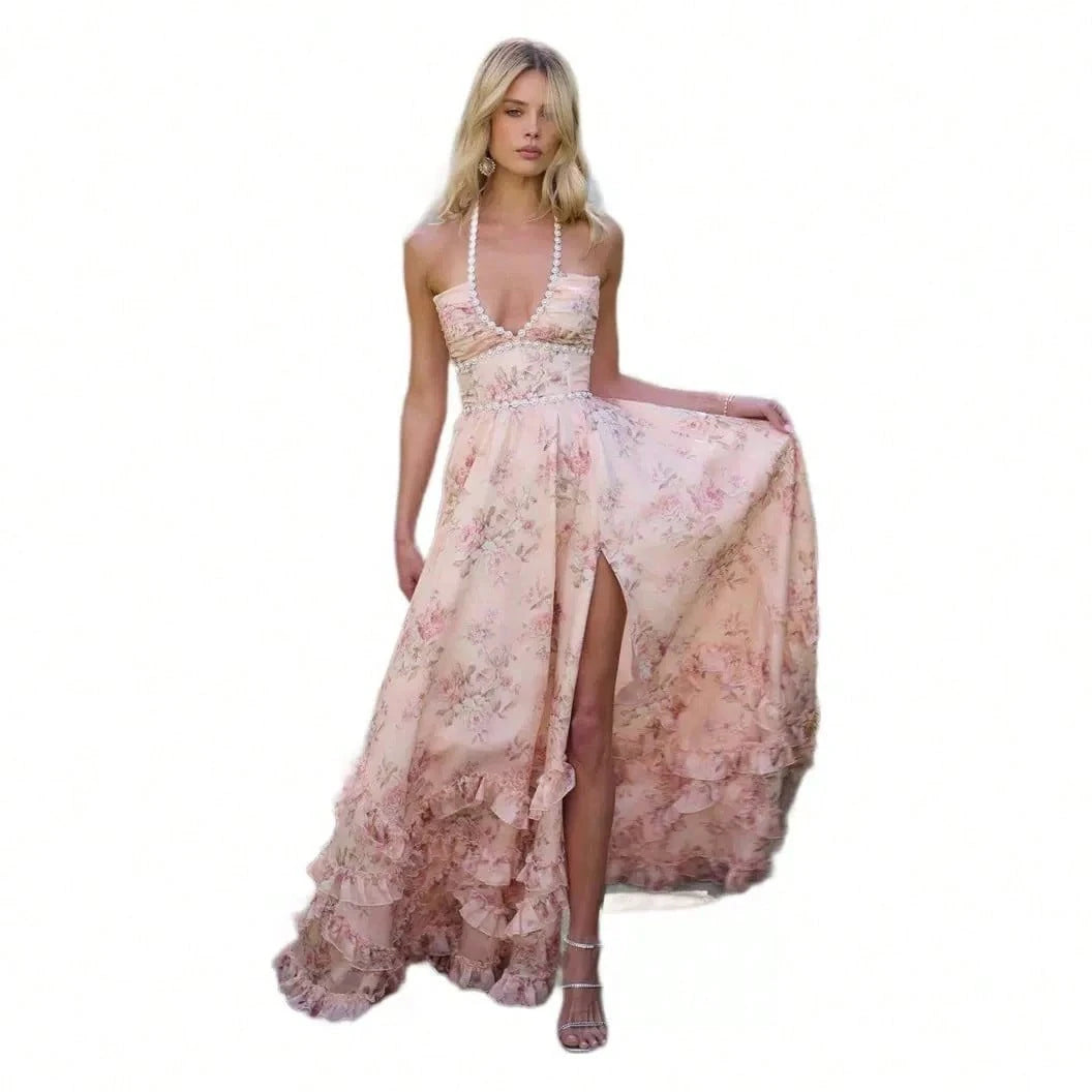 KZKZWK Women's Pink Floral Print Halter Neck Maxi Dress, Beaded Trim