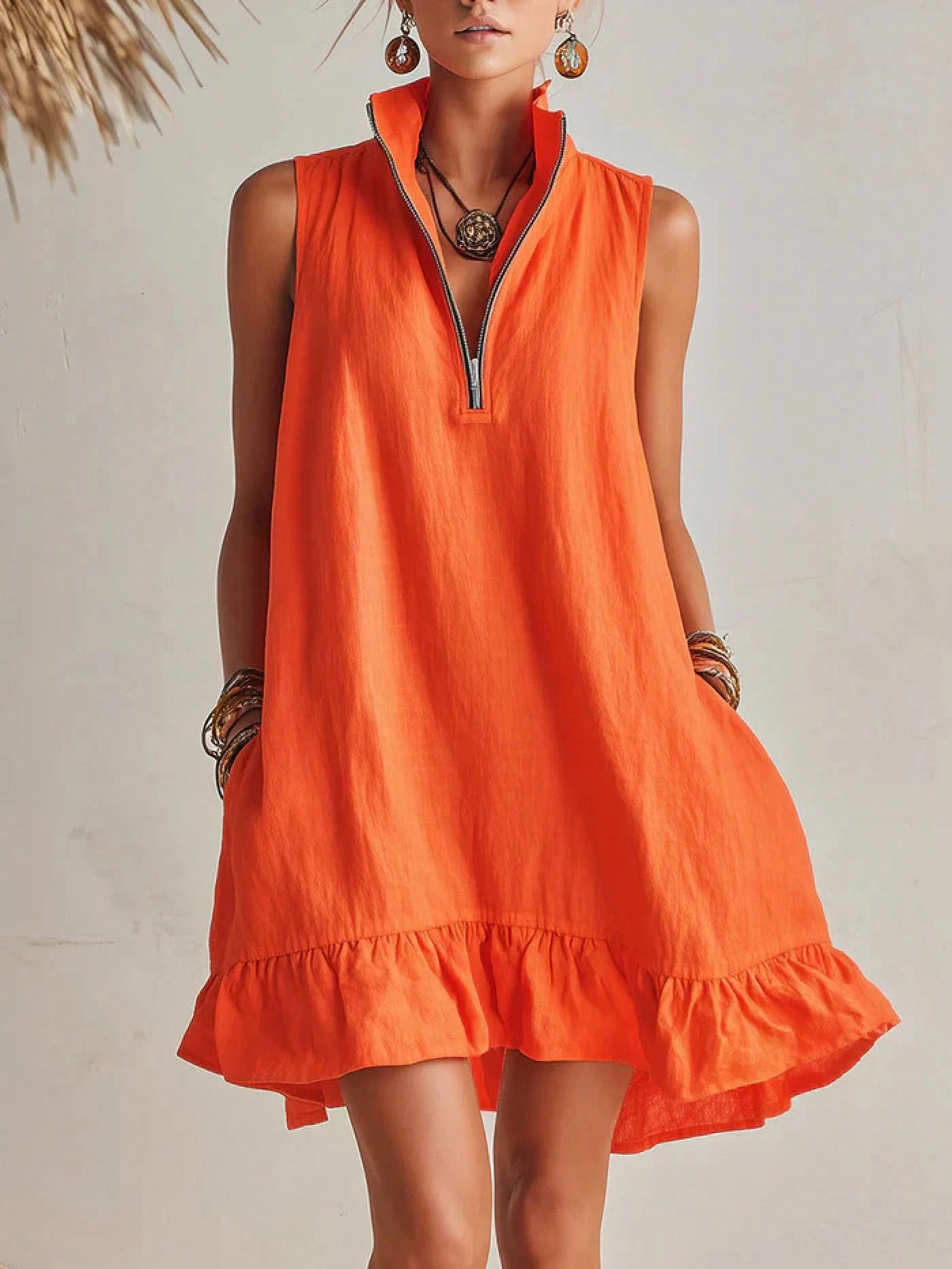 KZKZWK Women's Linen-Blend Sleeveless Mini Dress, Half Zip Stand
