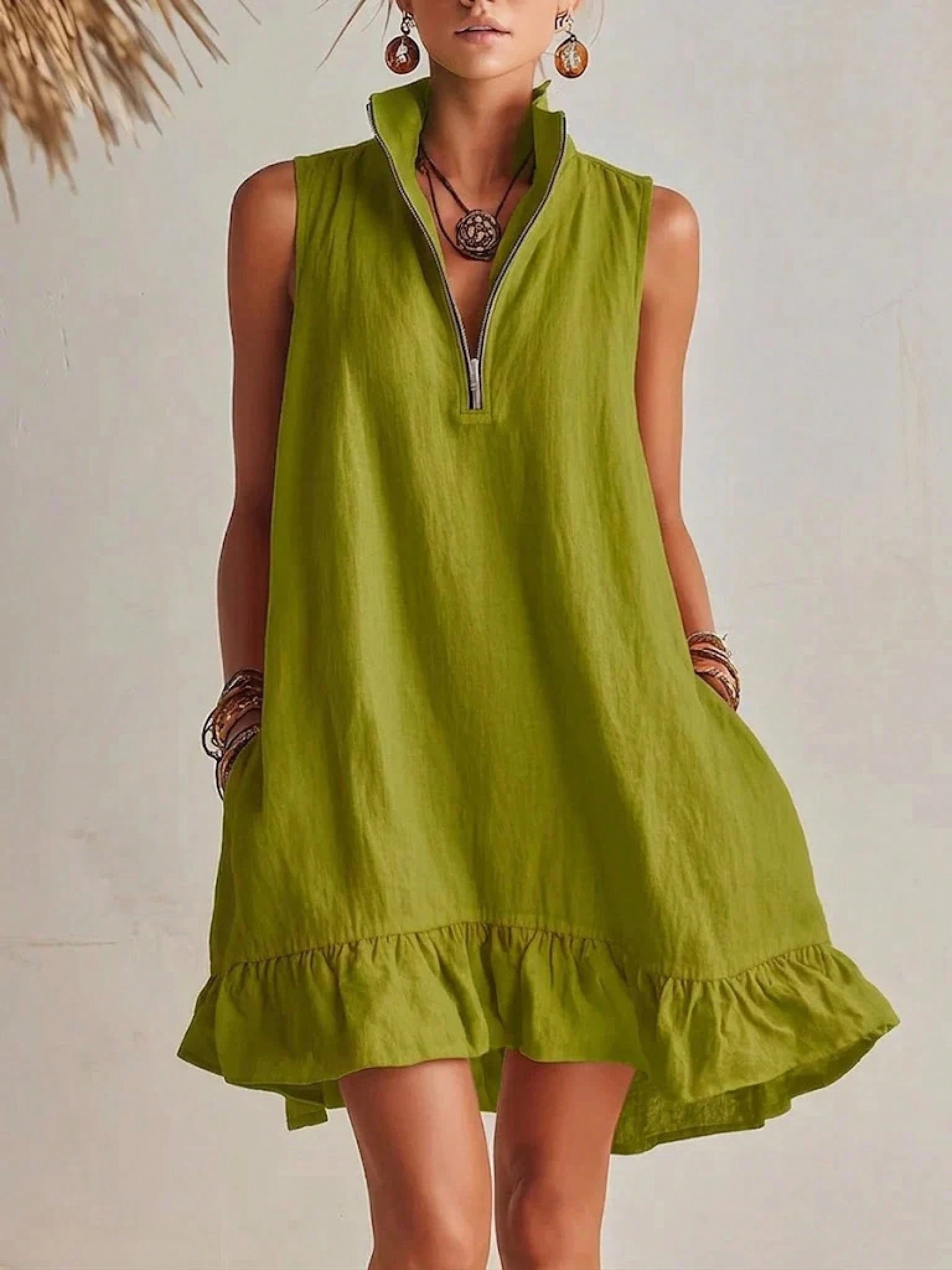 KZKZWK Women's Linen-Blend Sleeveless Mini Dress, Half Zip Stand Collar Ruffle Hem Casual Shift Dress With - image 11