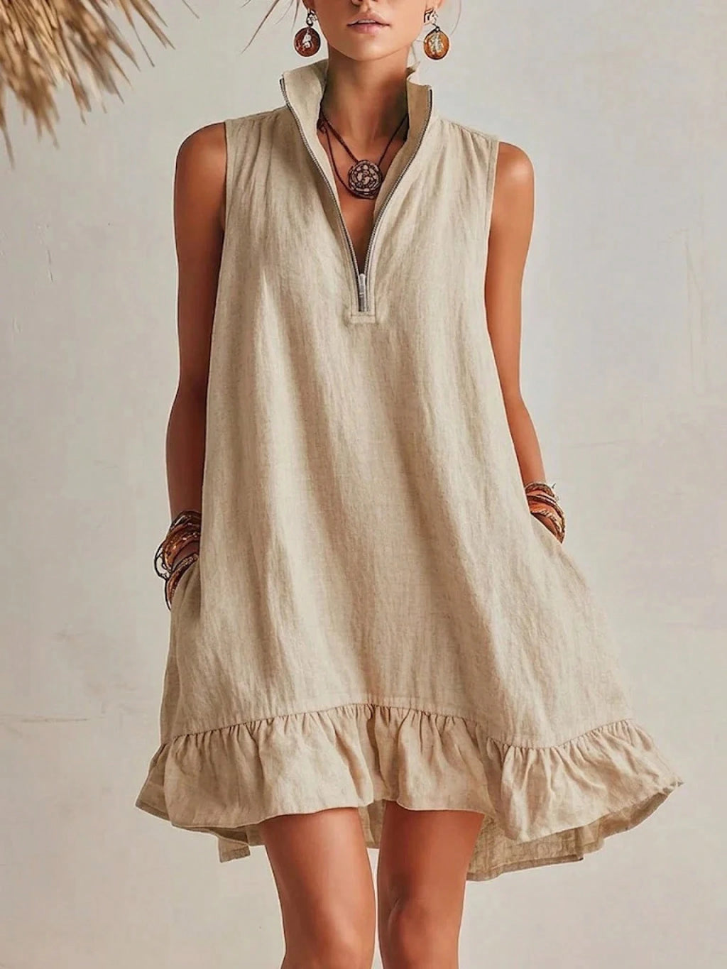 KZKZWK Women's Linen-Blend Sleeveless Mini Dress, Half Zip Stand