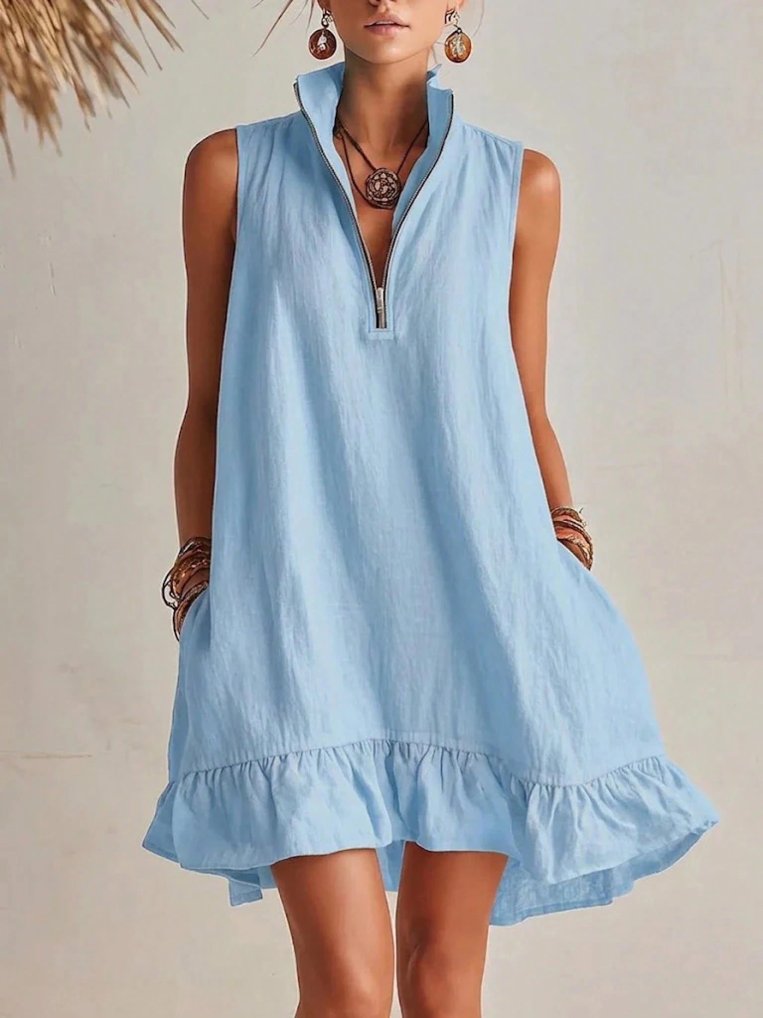 KZKZWK Women's Linen-Blend Sleeveless Mini Dress, Half Zip Stand