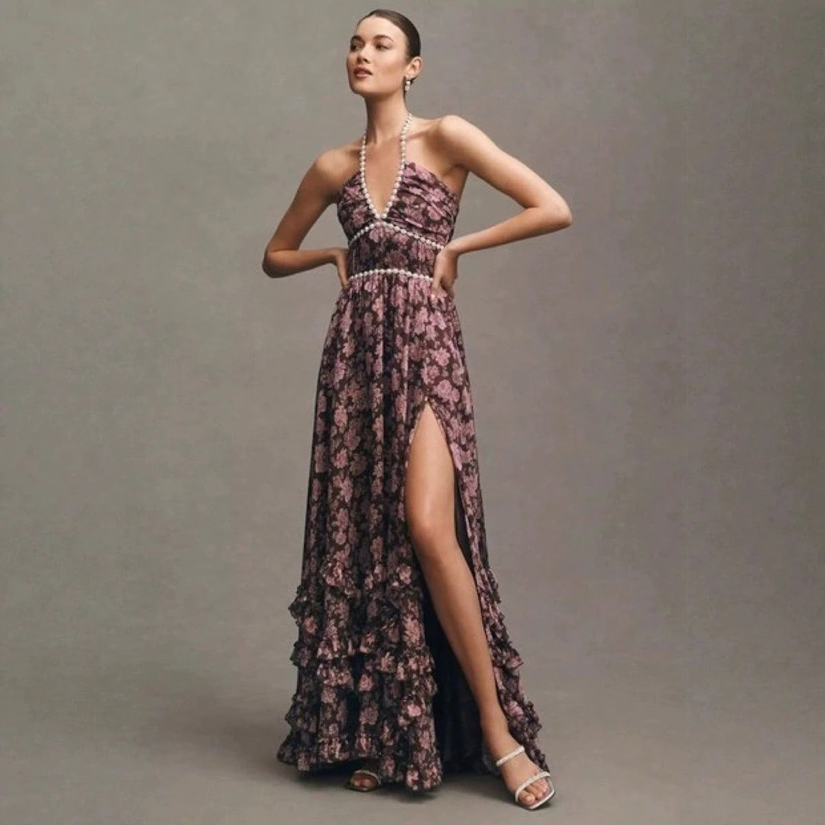 KZKZWK Women's Pink Floral Print Halter Neck Maxi Dress, Beaded Trim
