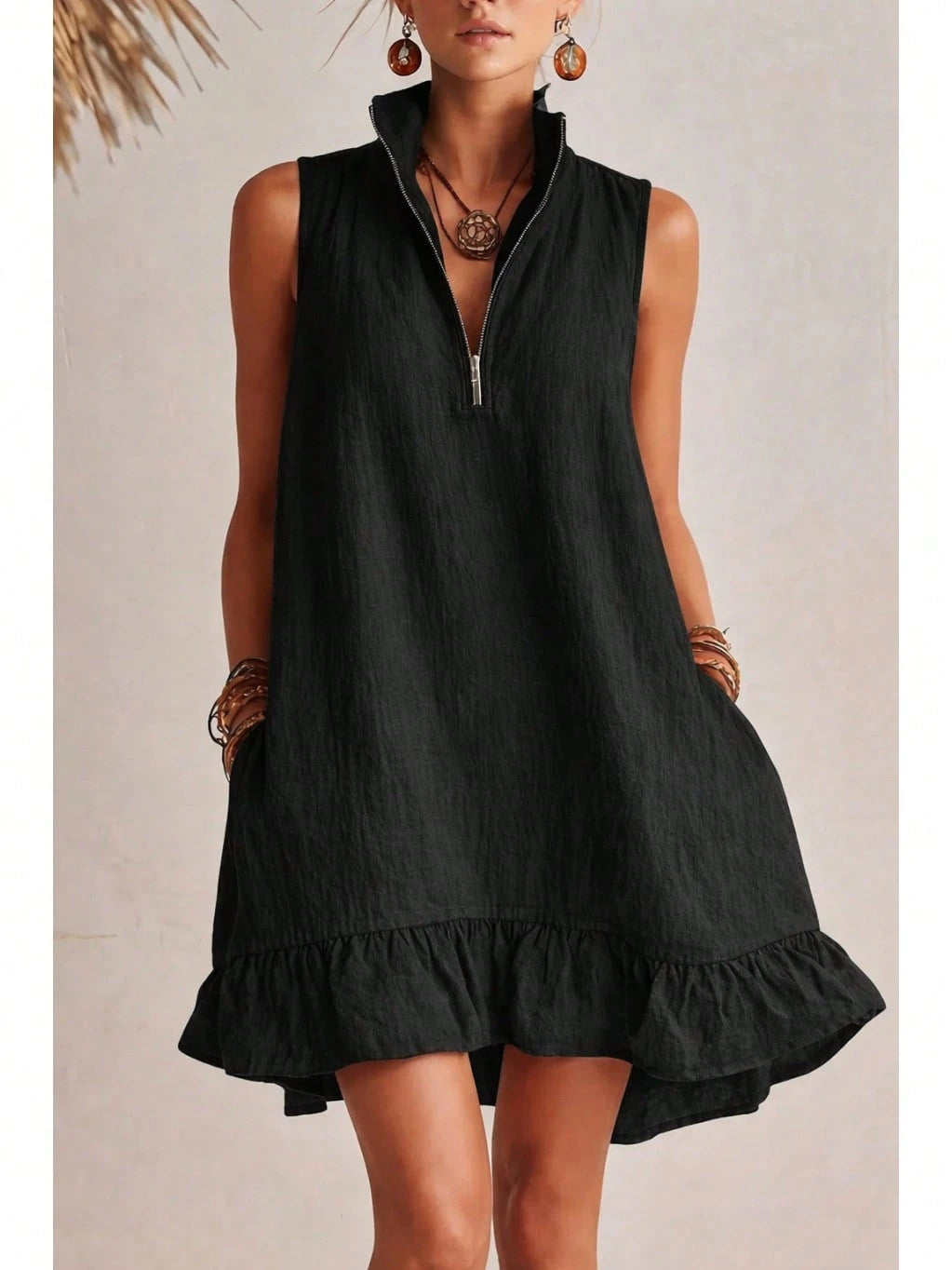 KZKZWK Women's Linen-Blend Sleeveless Mini Dress, Half Zip Stand