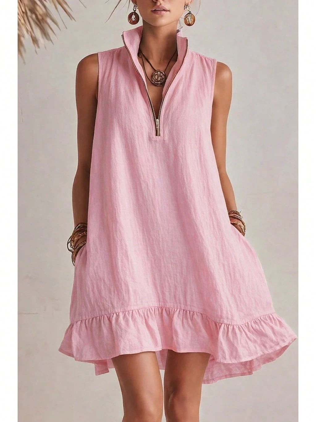 KZKZWK Women's Linen-Blend Sleeveless Mini Dress, Half Zip Stand