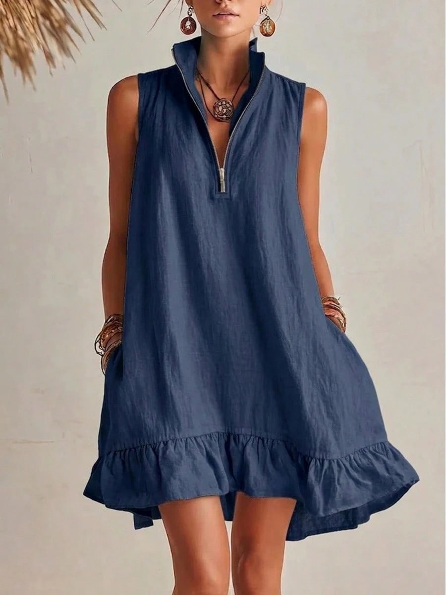 KZKZWK Women's Linen-Blend Sleeveless Mini Dress, Half Zip Stand
