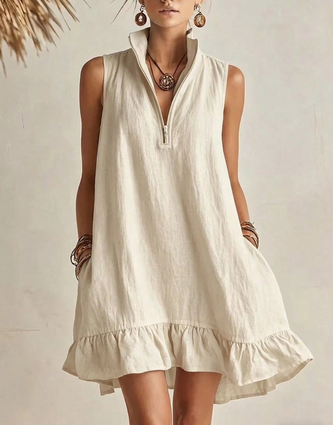 KZKZWK Women's Linen-Blend Sleeveless Mini Dress, Half Zip Stand