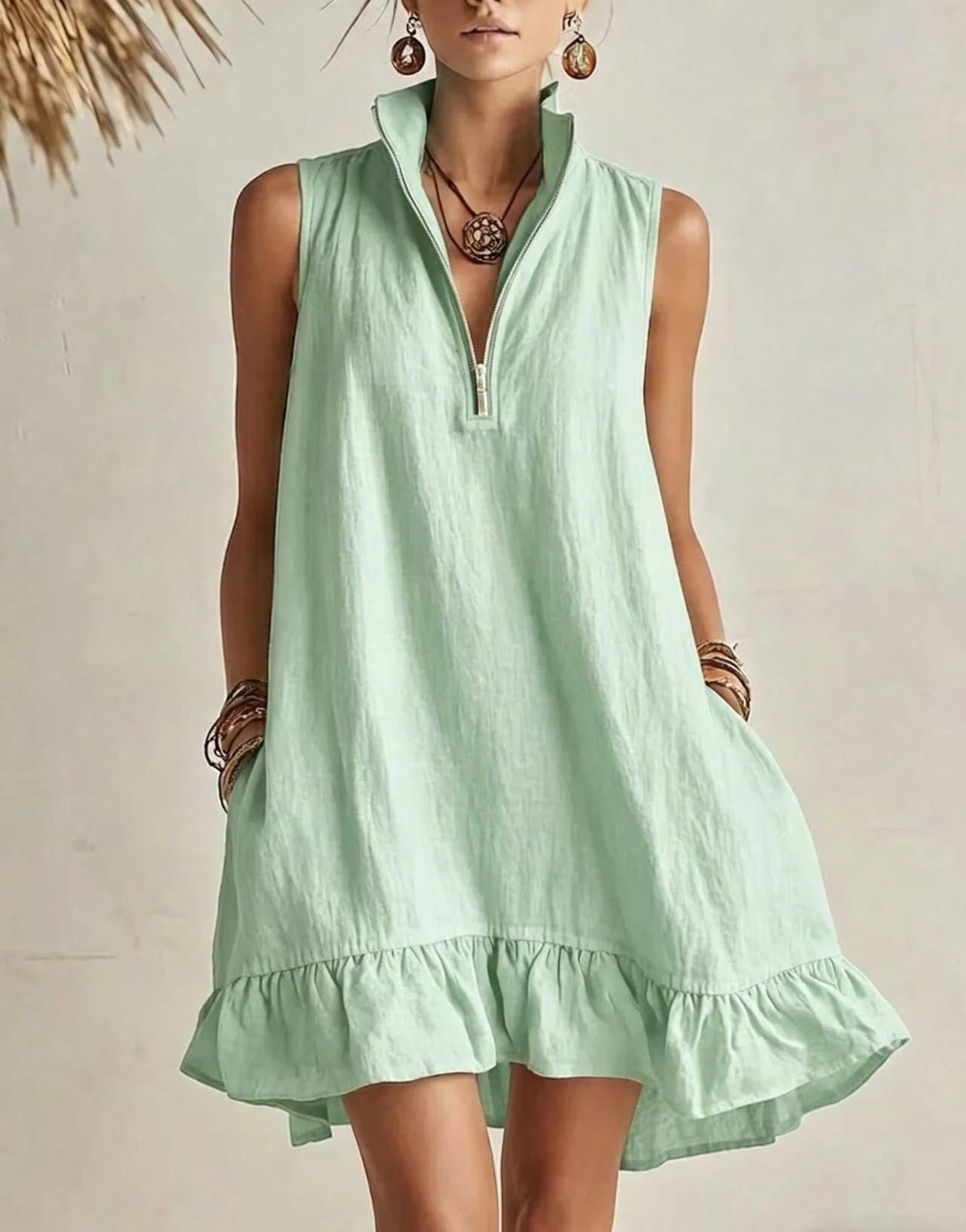 KZKZWK Women's Linen-Blend Sleeveless Mini Dress, Half Zip Stand Collar Ruffle Hem Casual Shift Dress With - image 8