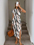 LUNE Printed Elegant Twist Waist High Slit Sleeveless Midi Dress,