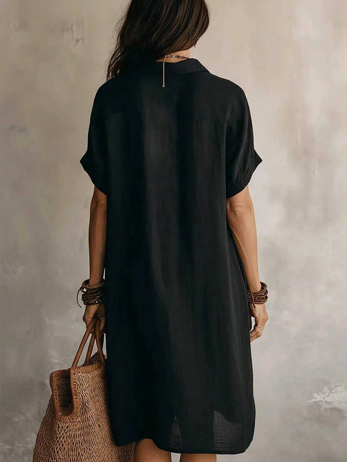Women's Casual Ivory Woven Shirt Dress, Collared Short Sleeve Front Button Design, Asymmetric Hemline, Knee - image 12