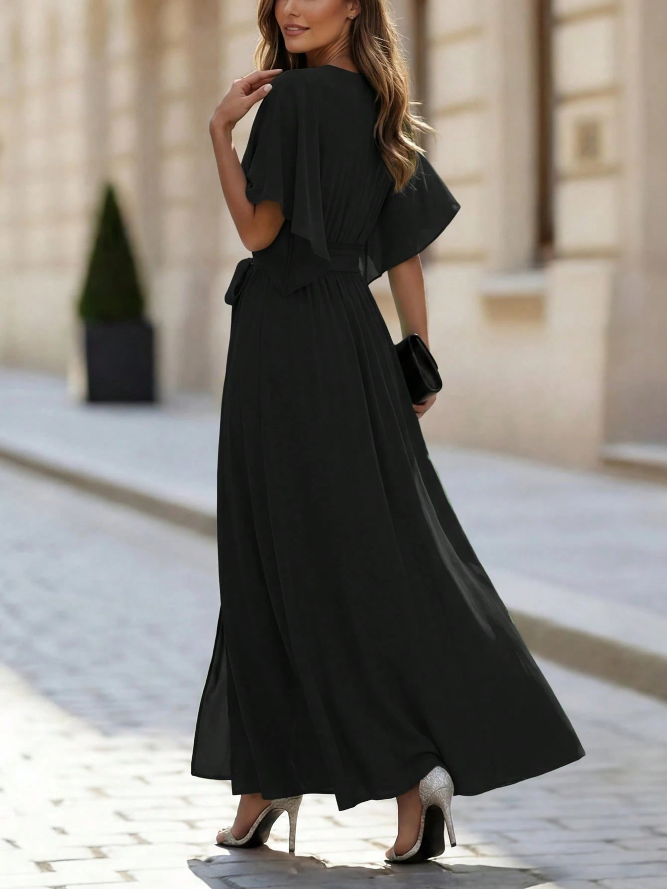 LUNE V-Neck Draped Short Sleeve Tie-Waist Dress With Side Slit For