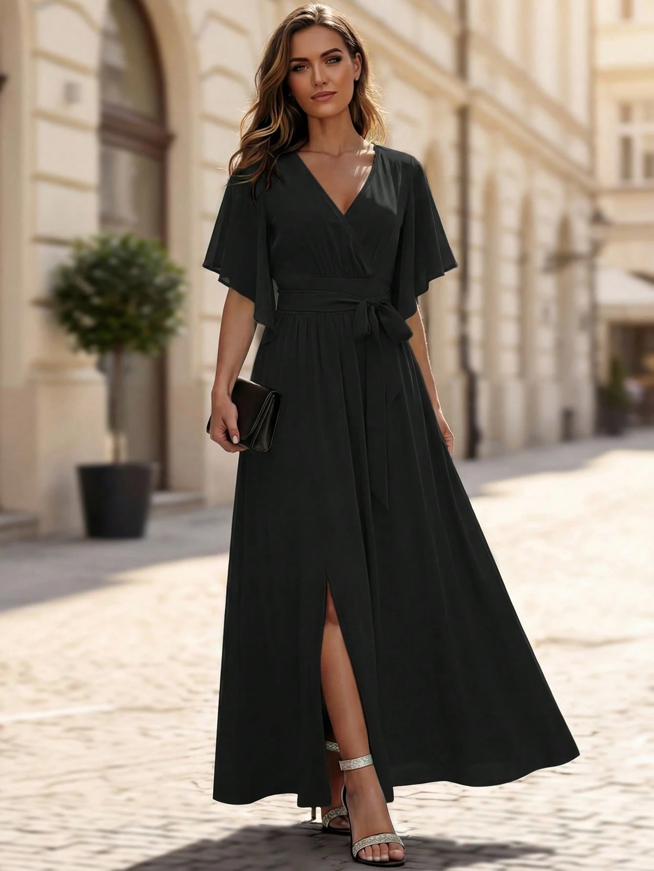 LUNE V-Neck Draped Short Sleeve Tie-Waist Dress With Side Slit For