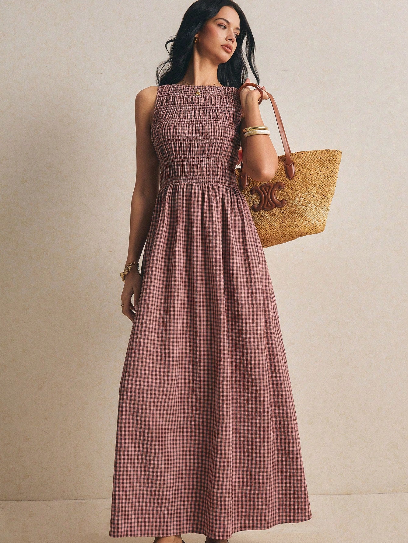 Poéselle Pink Plaid Summer Casual Holiday Picnic Vacation Pleated