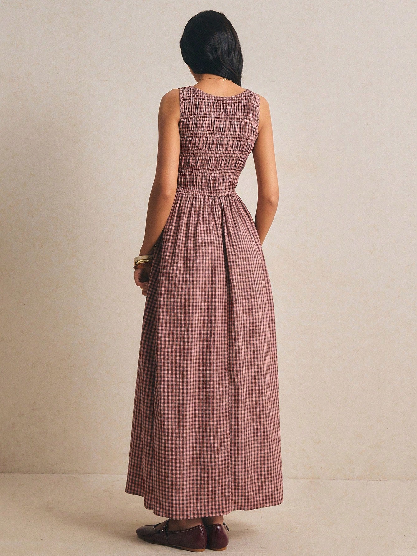 Poéselle Brown Gingham Plaid Summer Casual European Sexy Holiday Picnic Vacation Pleated Maxi Dress For - image 11