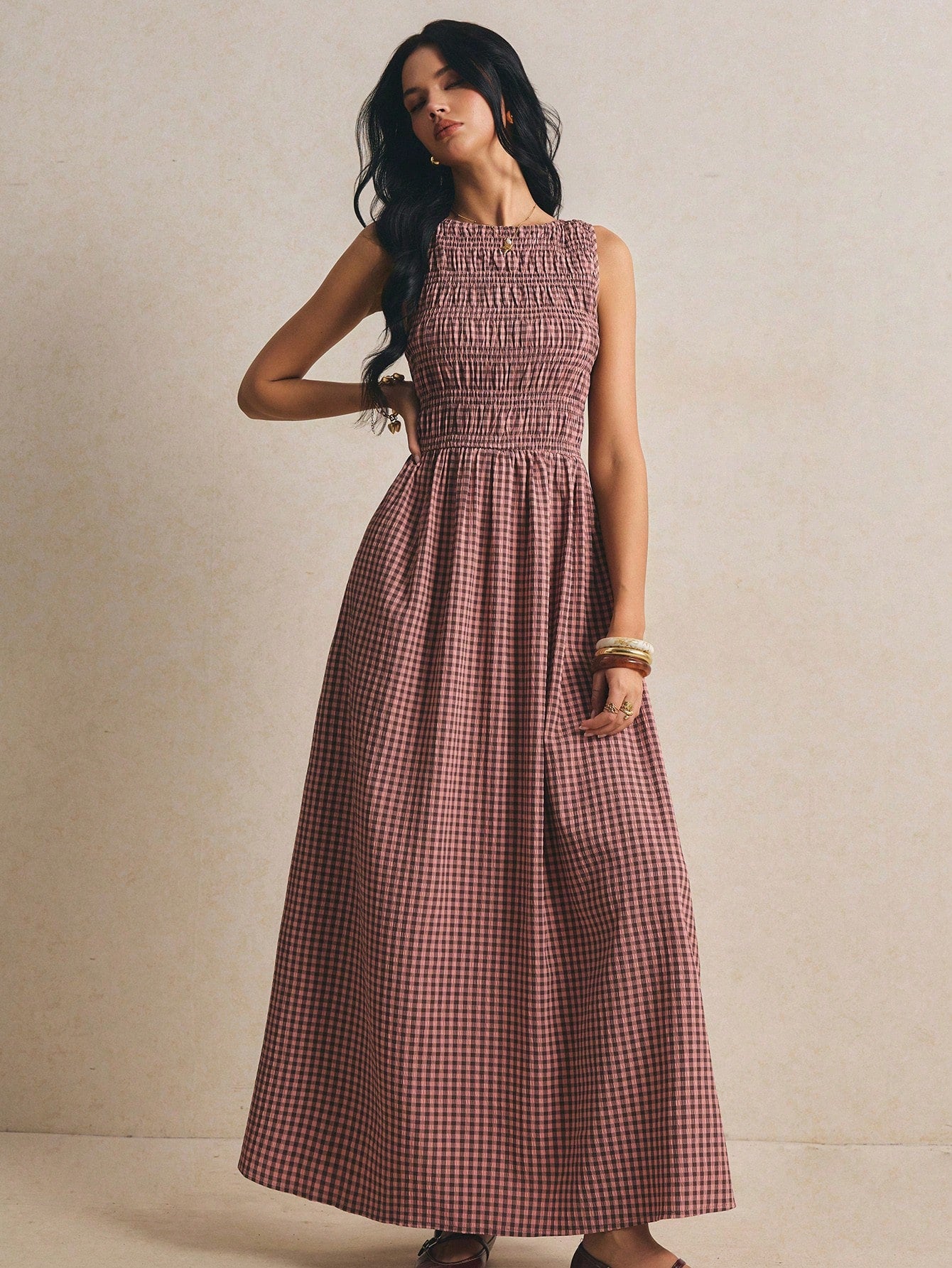 Poéselle Pink Plaid Summer Casual Holiday Picnic Vacation Pleated