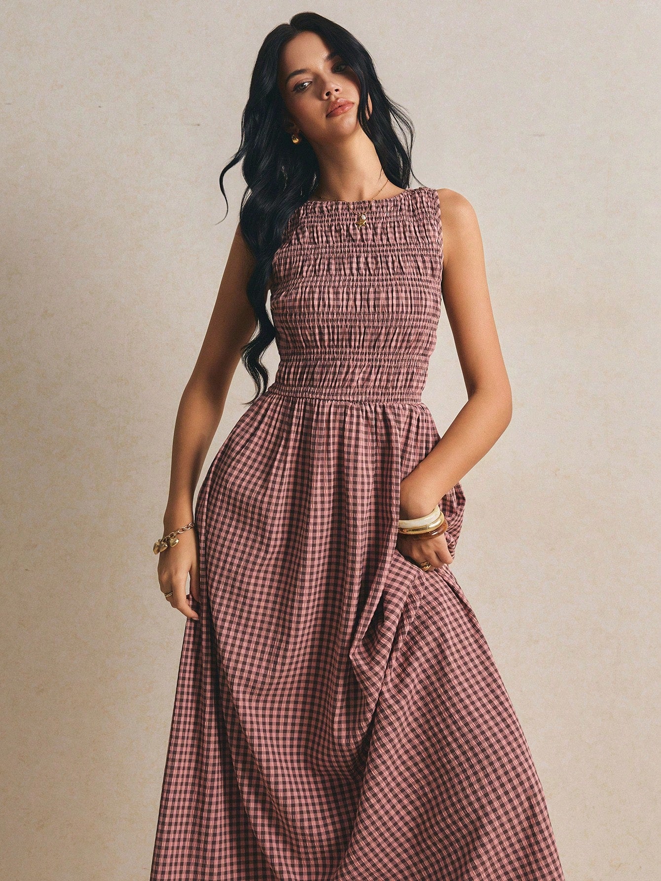 Poéselle Brown Gingham Plaid Summer Casual European Sexy Holiday Picnic Vacation Pleated Maxi Dress For - image 14
