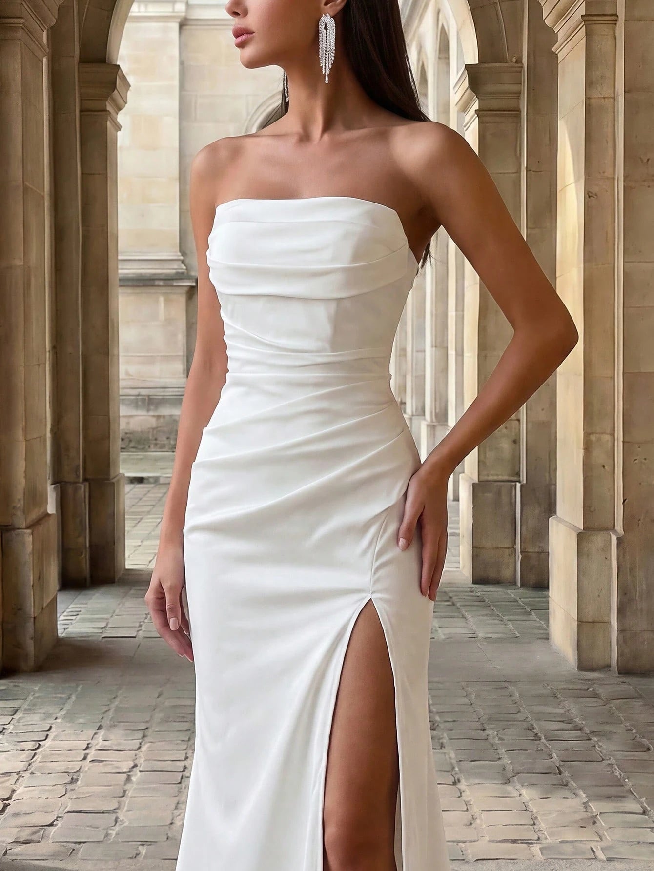 Firerie Summer Style, Elegant Design, Sexy White Plunging Bodice With A Waistline And A Slit At The Hem, With - image 3