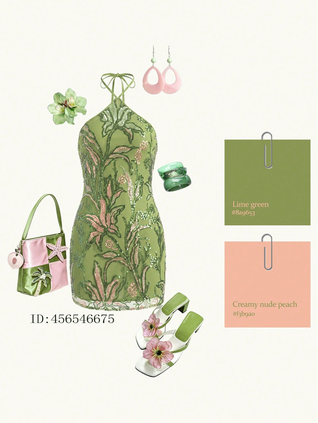 Glamine Green Floral Sequin Halter Mini Dress,Summer 70s Party Leaf