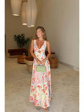 KZKZWK Women's Floral Print Maxi Dress, V-Neck Spaghetti Straps With Lace Trim & Cutout Detail For Beach &