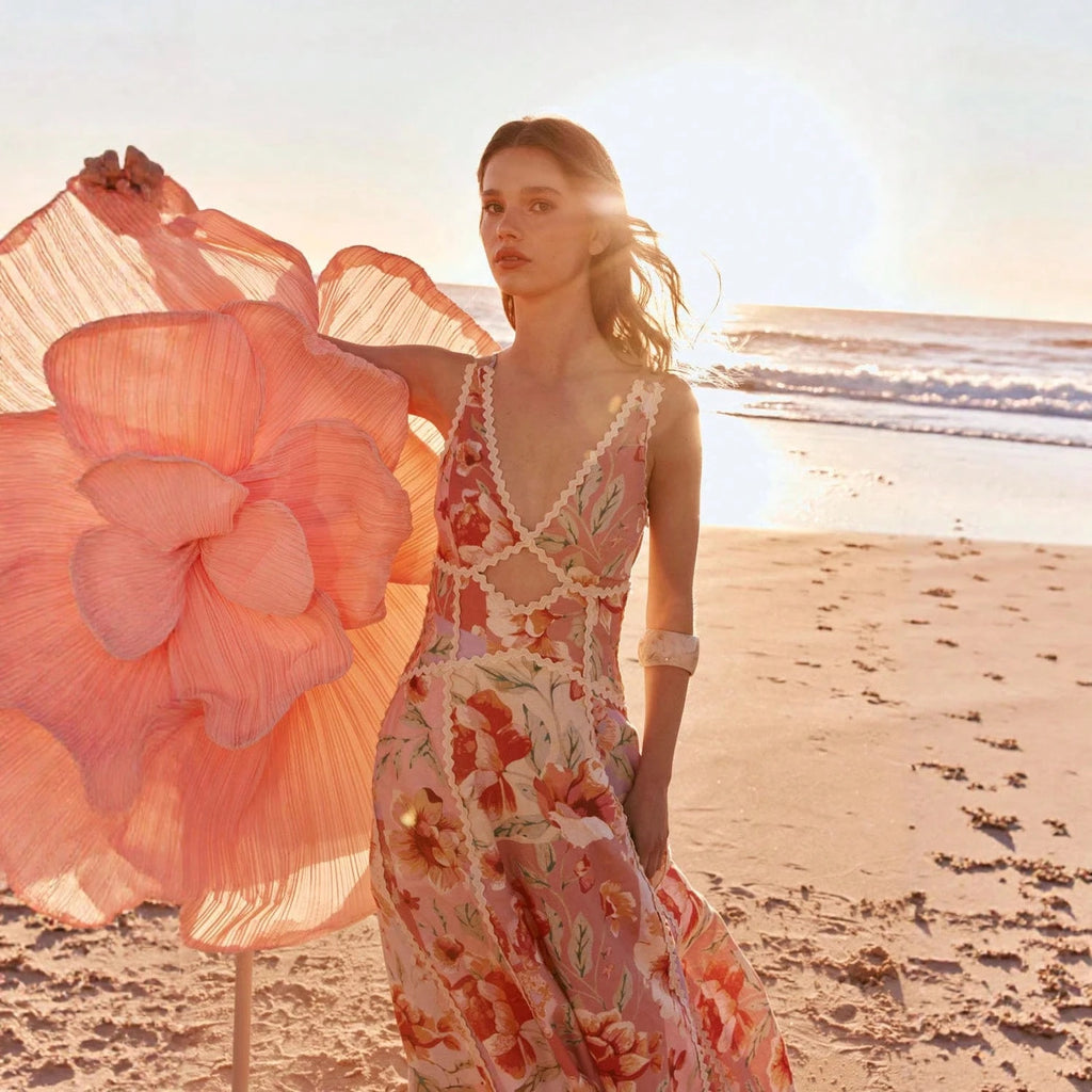 KZKZWK Women's Floral Print Maxi Dress, V-Neck Spaghetti Straps With Lace Trim & Cutout Detail For Beach & - image 2