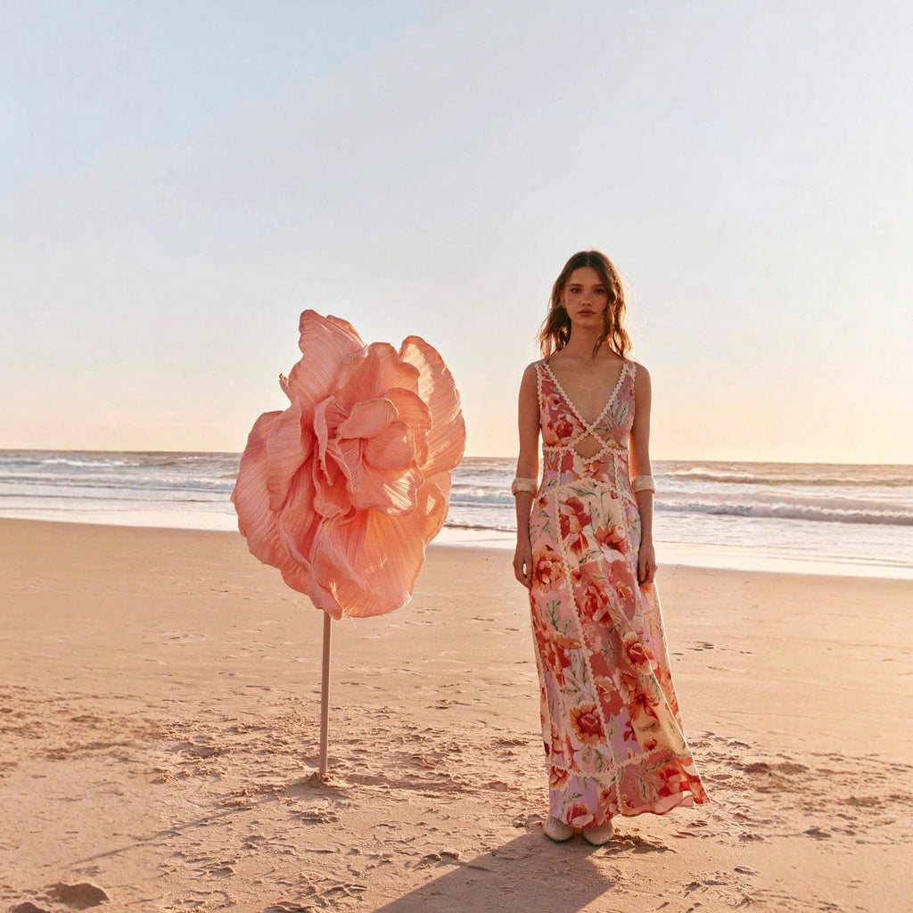 KZKZWK Women's Floral Print Maxi Dress, V-Neck Spaghetti Straps With Lace Trim & Cutout Detail For Beach & - image 3