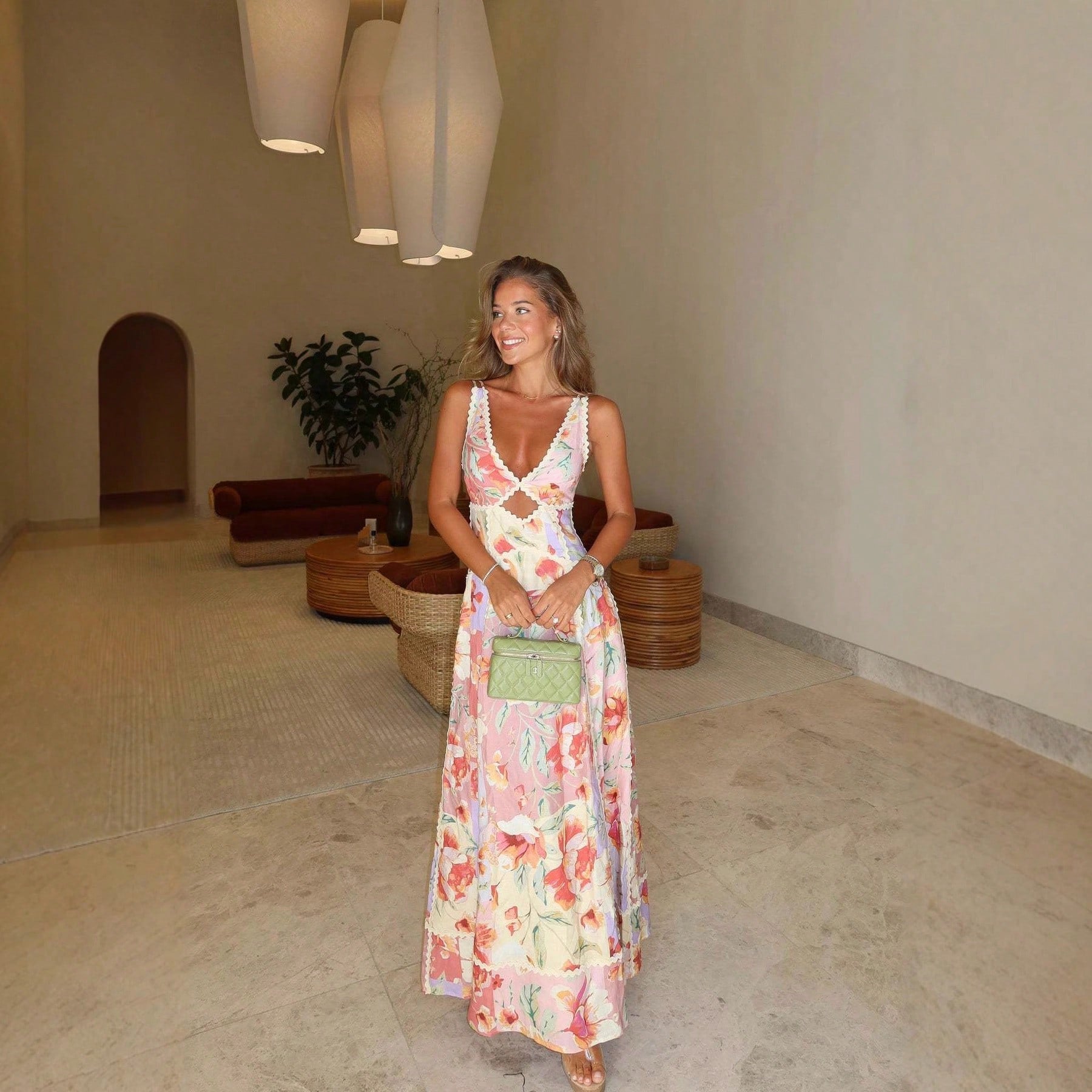 KZKZWK Women's Floral Print Maxi Dress, V-Neck Spaghetti Straps With Lace Trim & Cutout Detail For Beach & - image 4