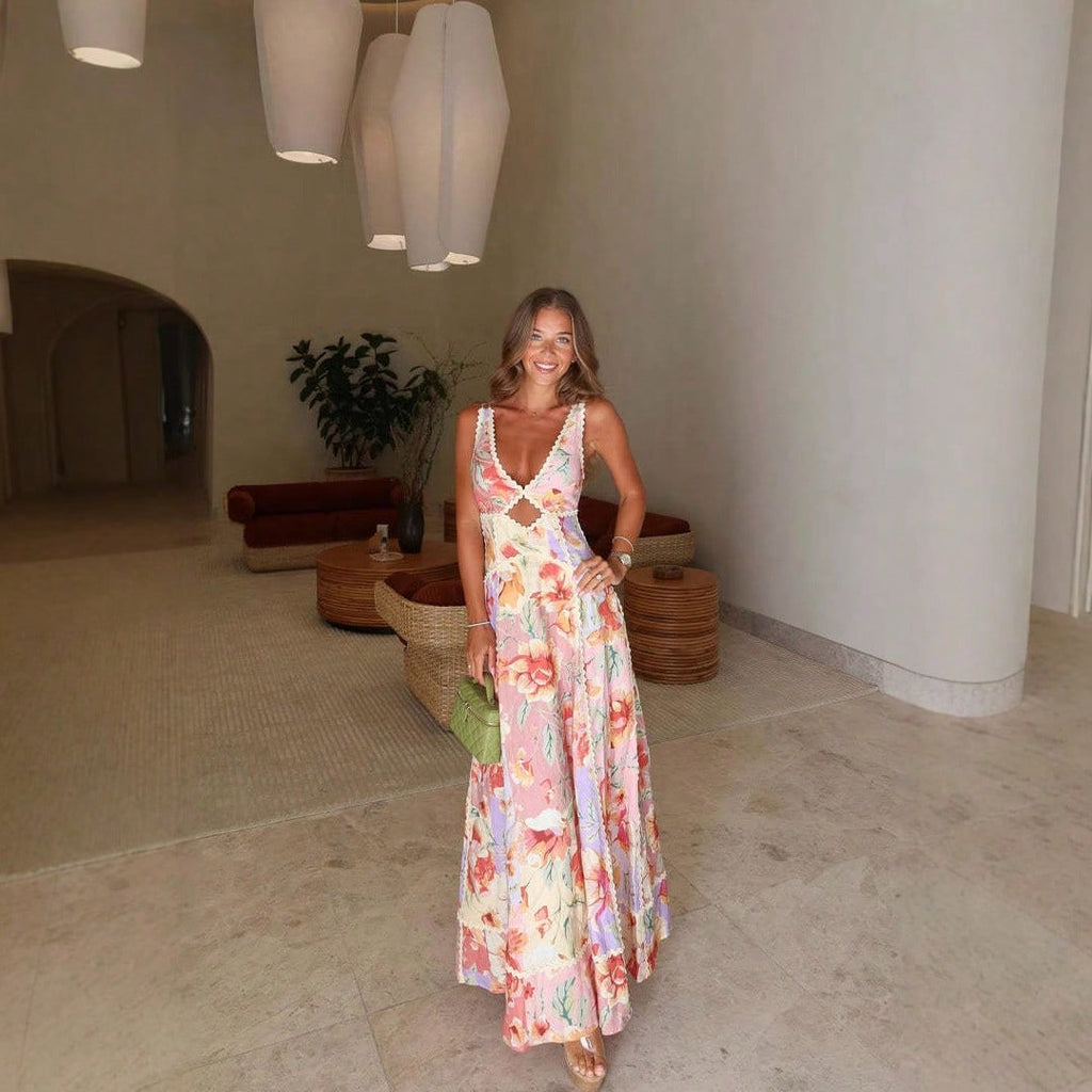 KZKZWK Women's Floral Print Maxi Dress, V-Neck Spaghetti Straps With Lace Trim & Cutout Detail For Beach & - image 5