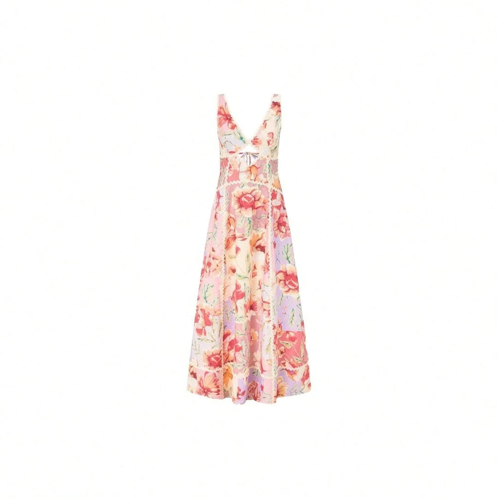 KZKZWK Women's Floral Print Maxi Dress, V-Neck Spaghetti Straps With Lace Trim & Cutout Detail For Beach & - image 6