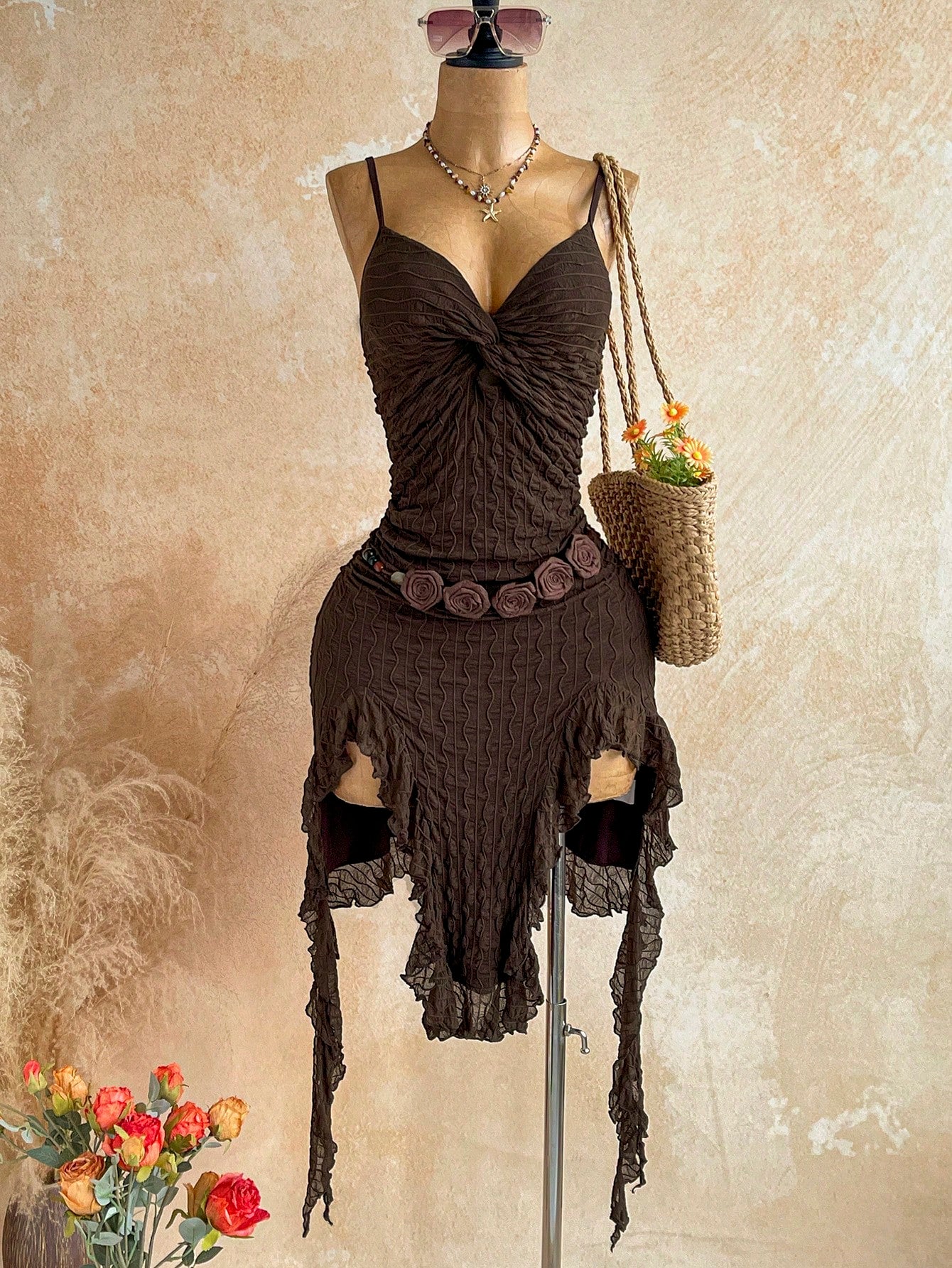 Soleia Women's Elegant Boho Sexy Waist-Cinched Spaghetti Strap Ruffle