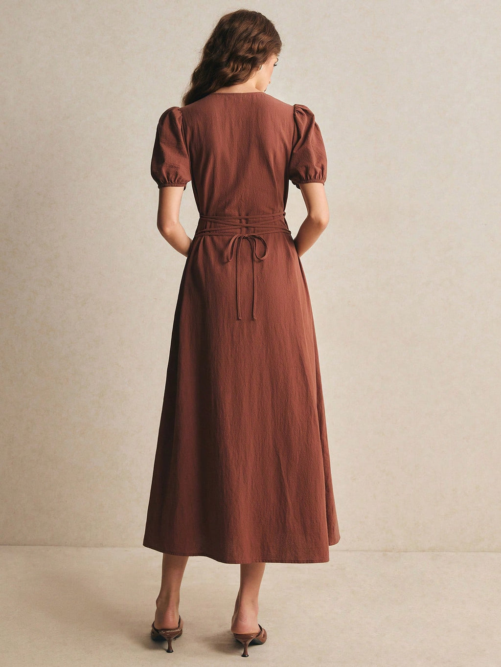 Poéselle Women's Solid Color Round Neck Short Petal Sleeve Single-Breasted Pocket Casual Mid-Length - image 2
