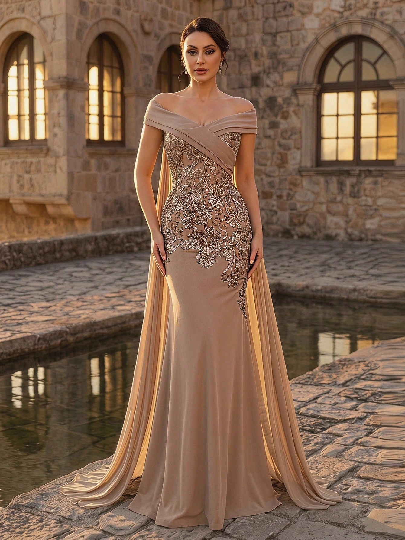Serin Plus Size Elegant Winter Mocha Formal Evening Wedding Dress,Luxurious Beaded Embroidery Satin - image 6