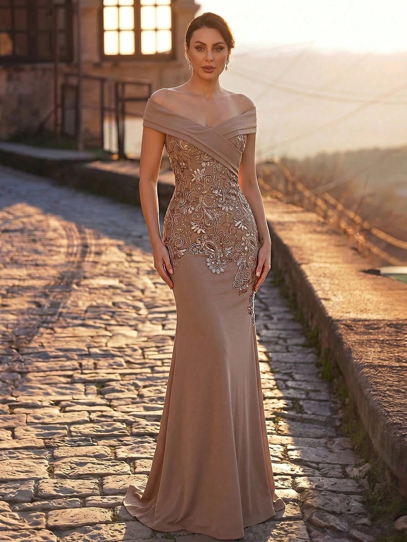 Serin Plus Size Elegant Winter Mocha Formal Evening Wedding Dress,Luxurious Beaded Embroidery Satin - image 2