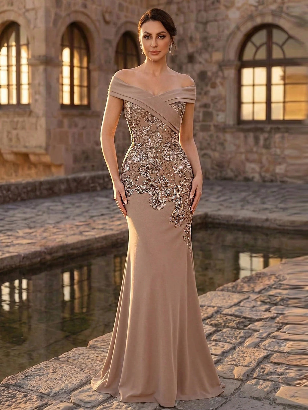 Serin Plus Size Elegant Winter Mocha Formal Evening Wedding Dress,Luxurious Beaded Embroidery Satin - image 10