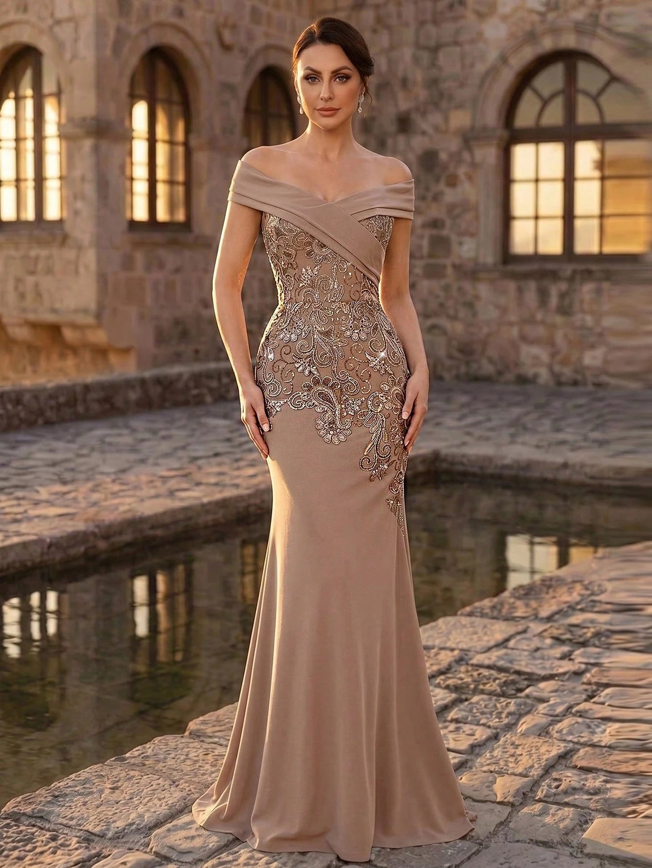 Serin Plus Size Elegant Winter Mocha Formal Evening Wedding Dress,Luxurious Beaded Embroidery Satin - image 10