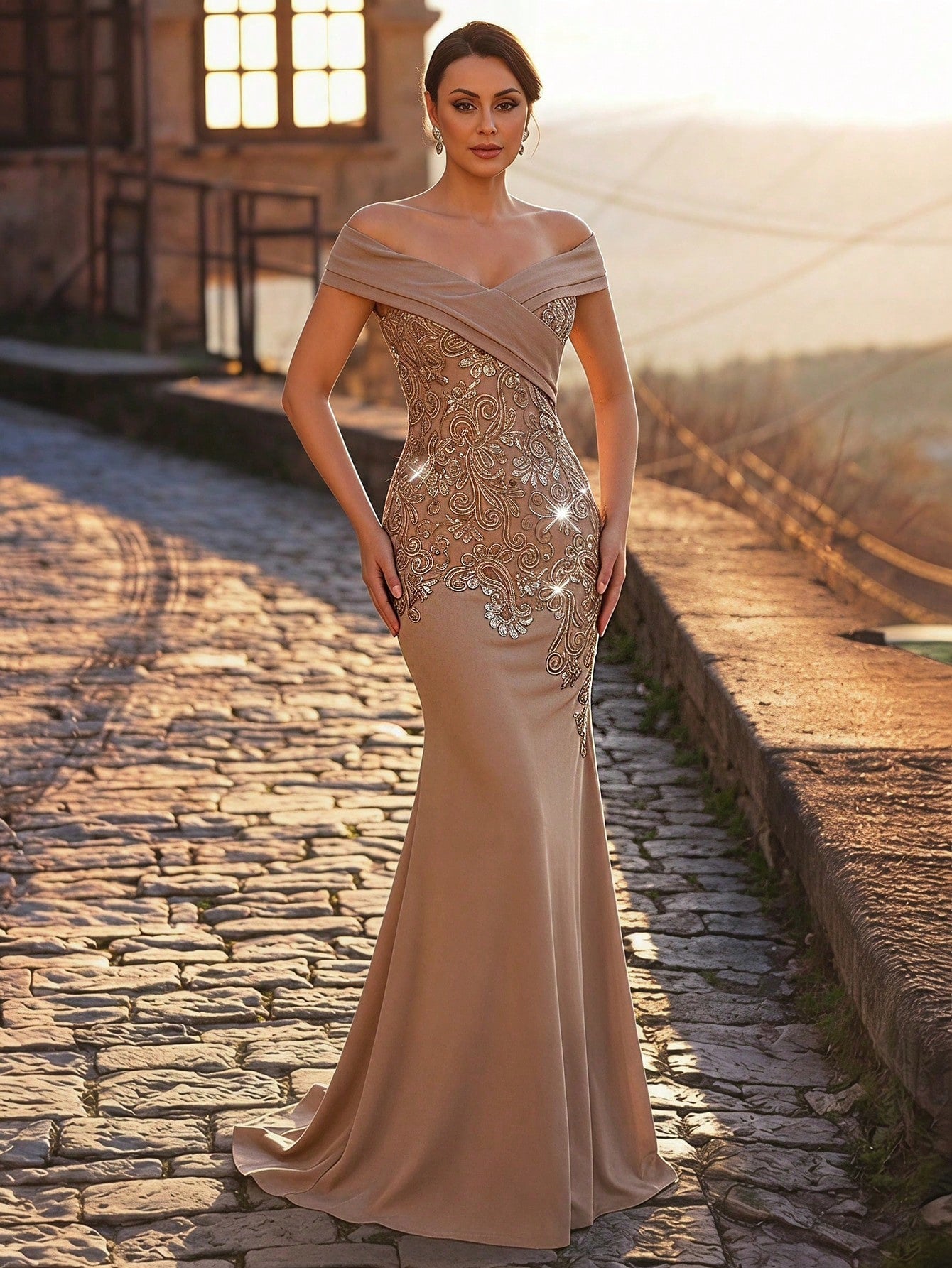 Serin Plus Size Elegant Winter Mocha Formal Evening Wedding Dress,Luxurious Beaded Embroidery Satin - image 3