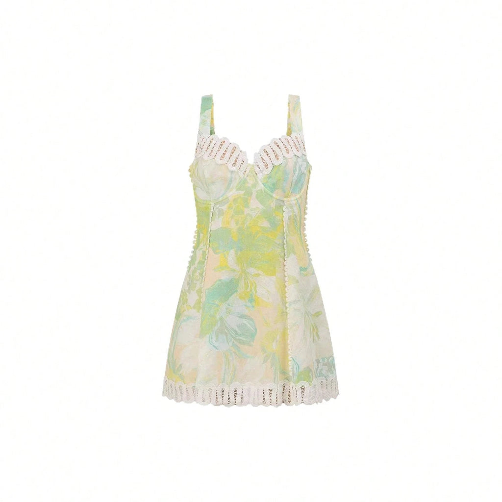 KZKZWK Abstract Print Corset Dress, Sweetheart Neck With Lace Trim,