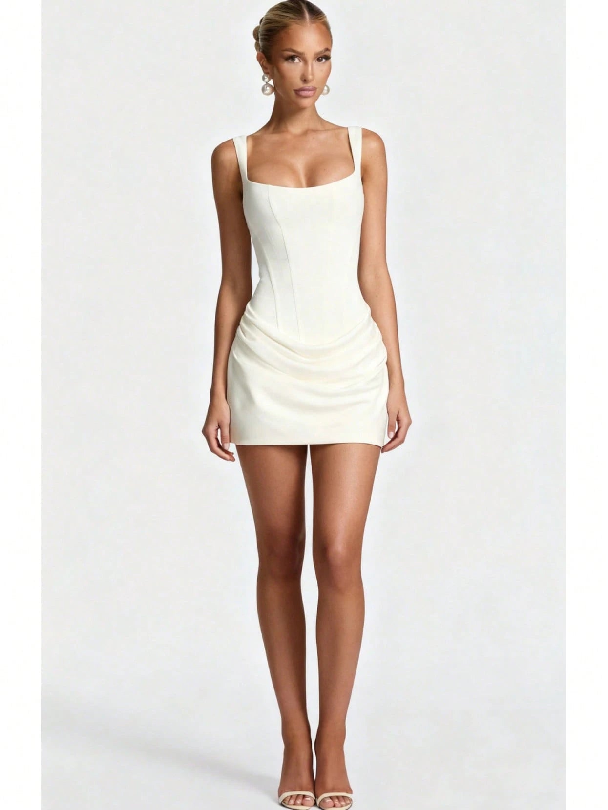 Women's Square Neck Cami Mini Dress, Cinched Waist, Draped Ruched
