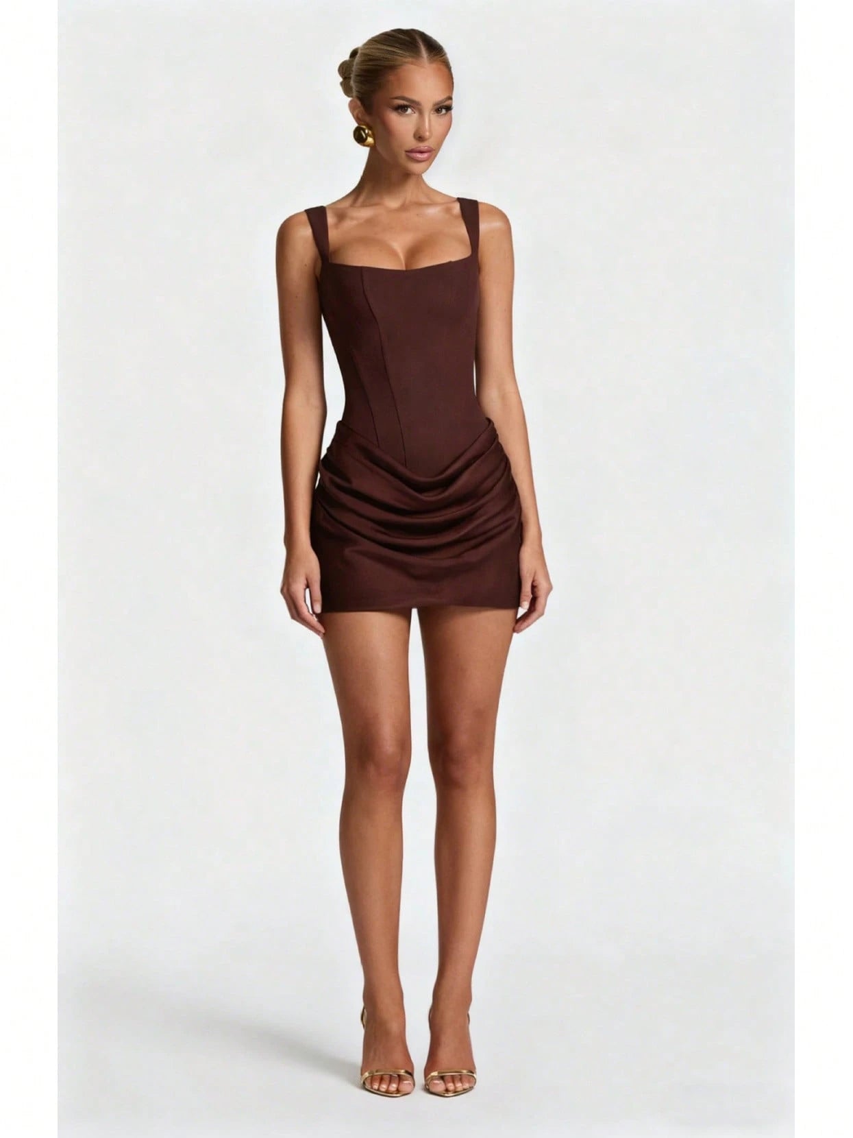 Women's Square Neck Cami Mini Dress, Cinched Waist, Draped Ruched