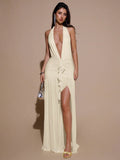 BAE Women's Pale Yellow Summer 70s Party Night Out Dress,Deep V-Neck