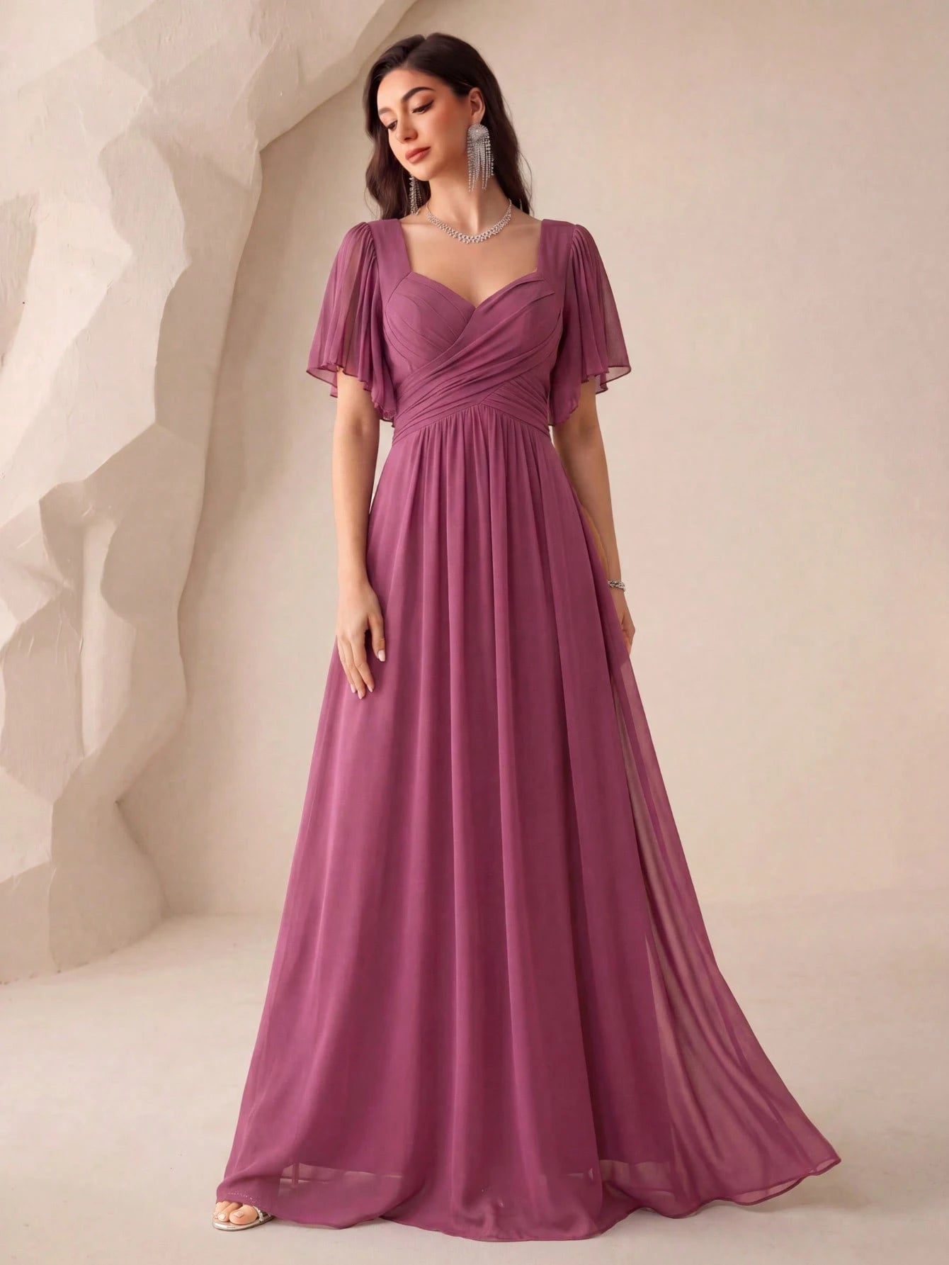 Flounce Sleeve Back Sweetheart Neck Solid Color Tulle Dress,