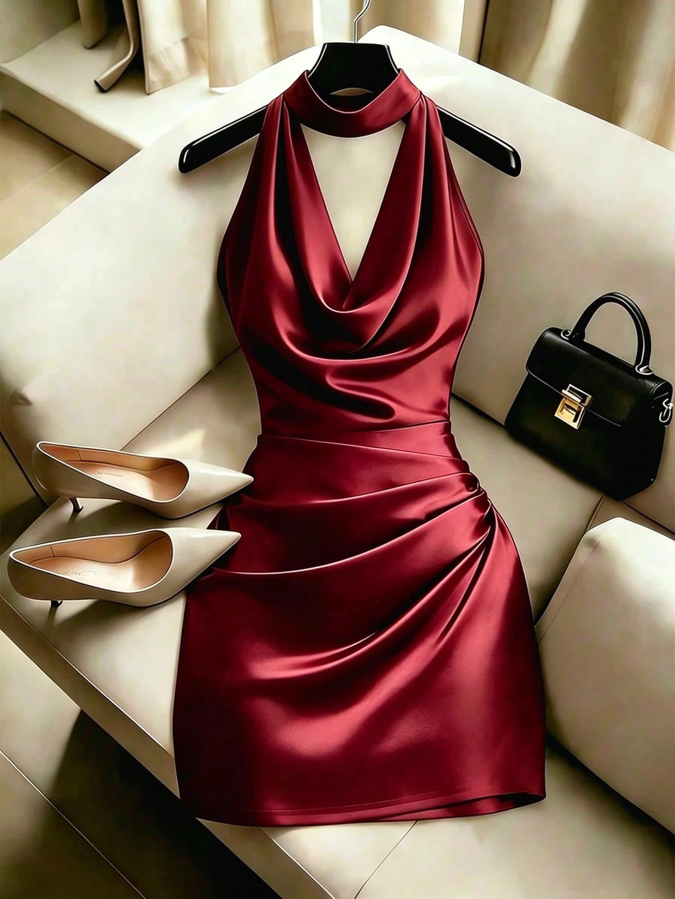 Franclia Fashionable New Elegant Draped Neck Brown Dress, Featuring