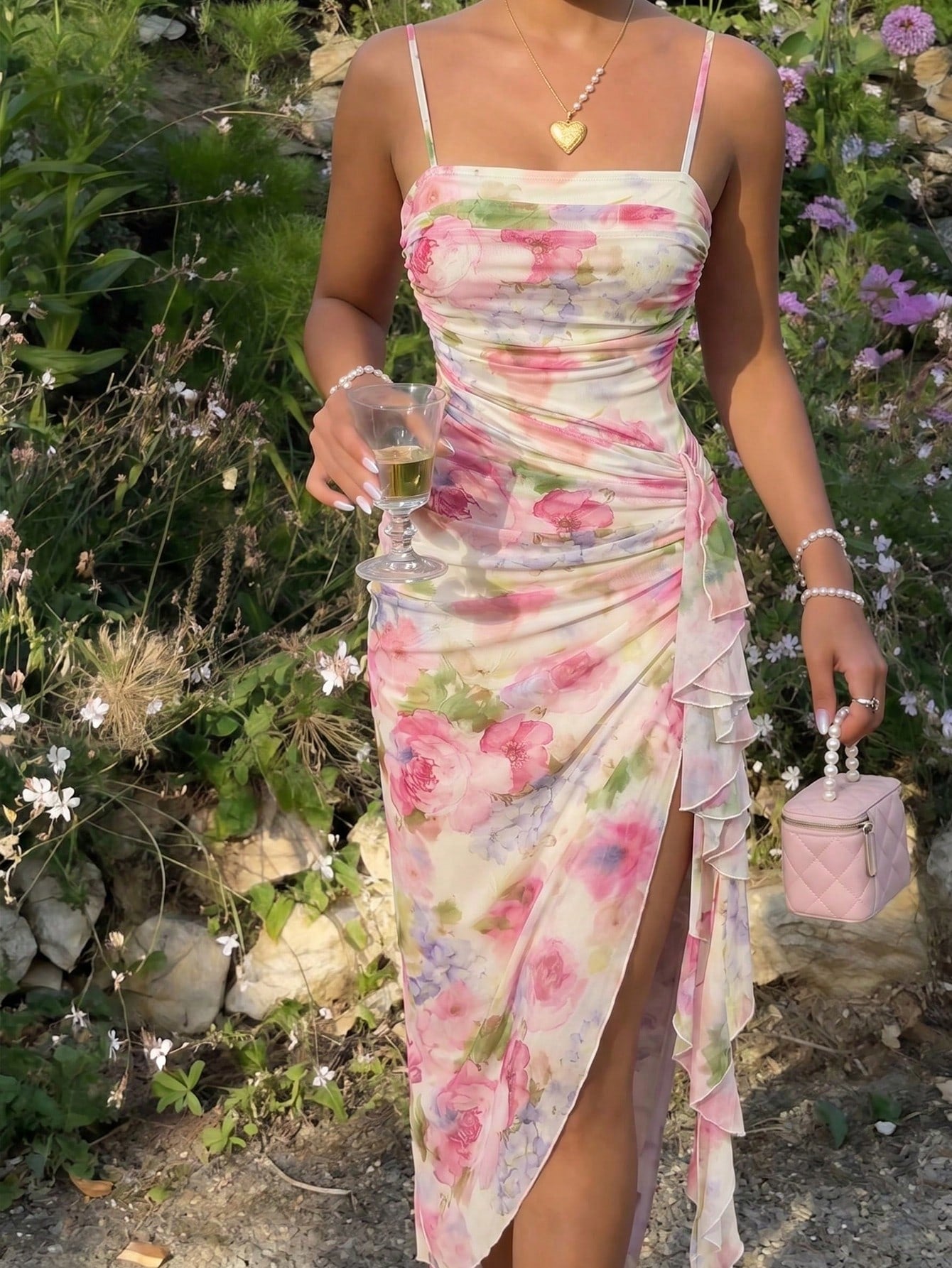 Skyraze Women's Elegant Cream Floral Print Ruffle Hem Fitted Midi Slip Dress,Cottage Core Summer Flowy - image 17