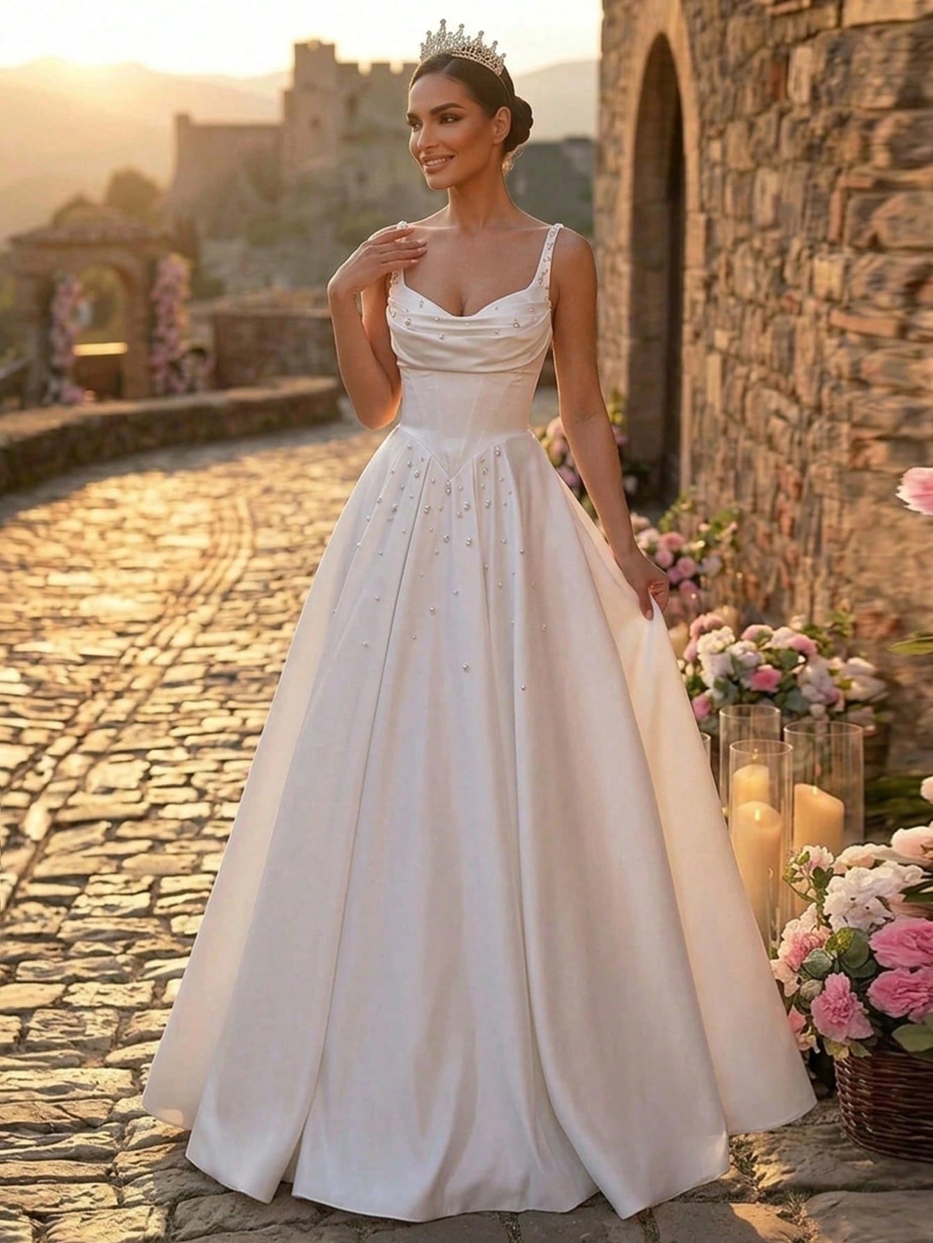 Glamrae Elegant Luxurious Satin Ruffle Collar Design Extra-Large Hem Suitable For Wedding, Singles Party, - image 5