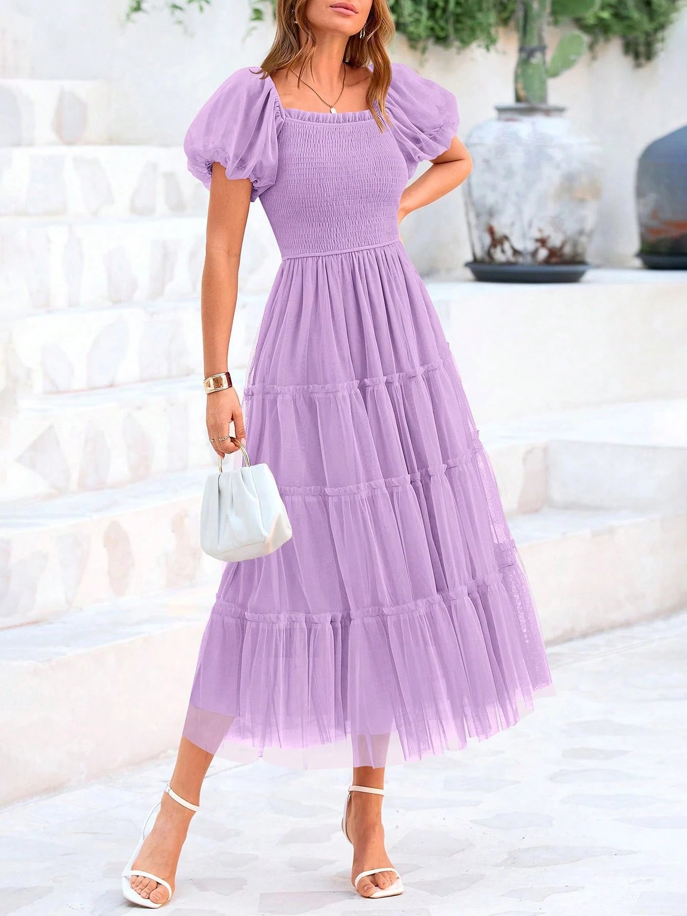 Women's Summer Pleated Mid-Length Tulle Dress Puffy Short Sleeve