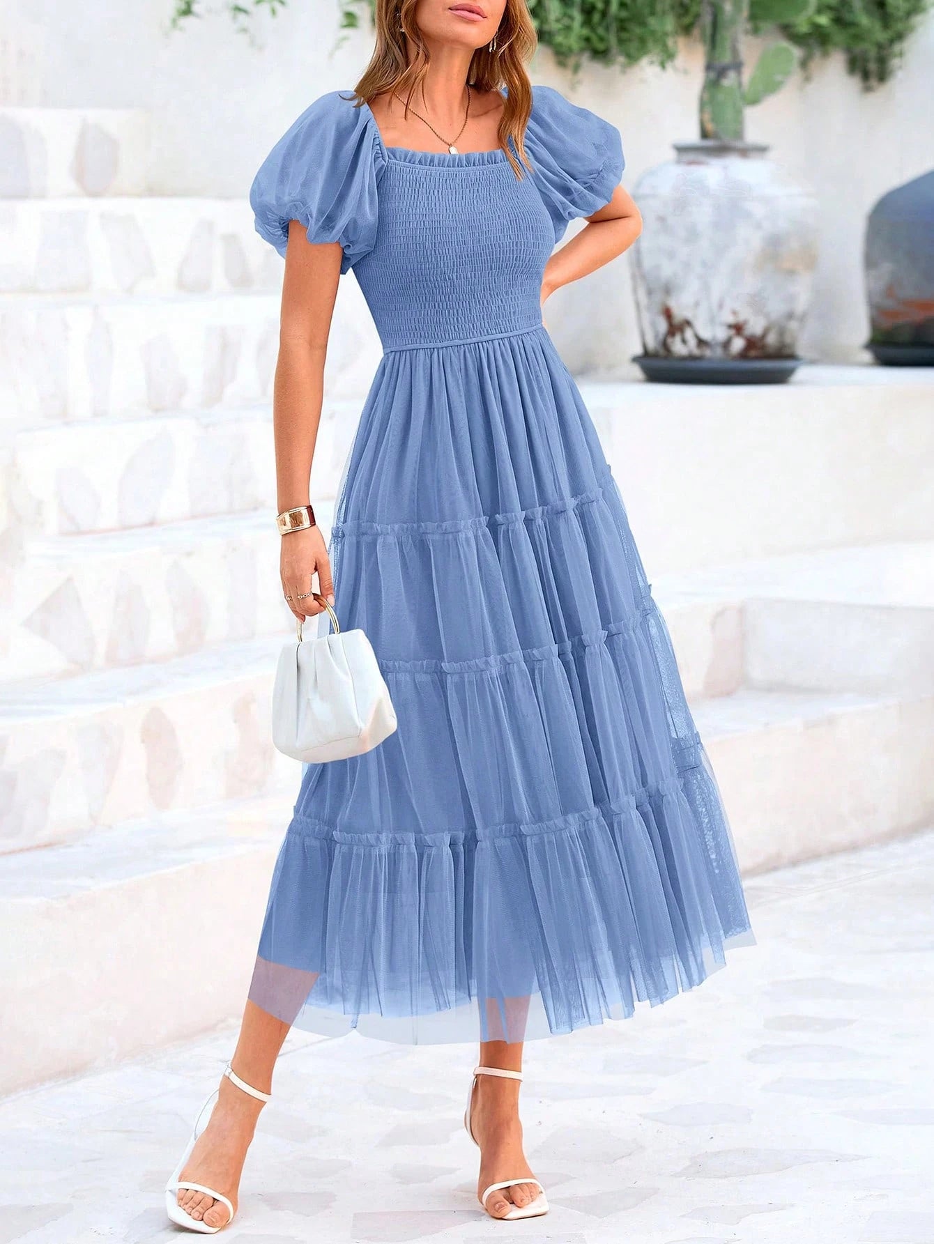 Women's Summer Pleated Mid-Length Tulle Dress Puffy Short Sleeve