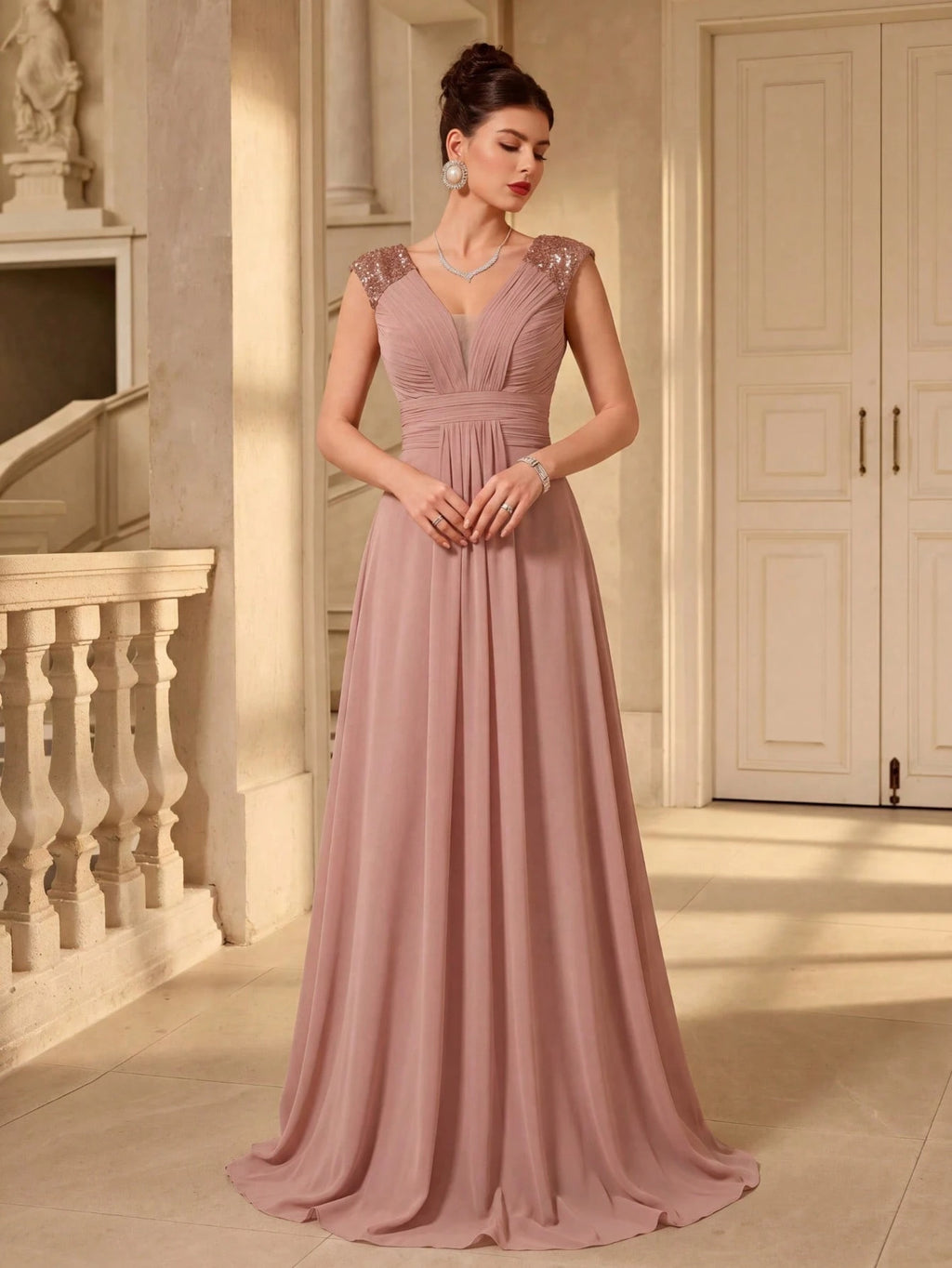 UNITHORSE V-Neck Ruffle Sleeve Pleated Leaf Net Mesh Splice Party Evening Dress Wedding - image 2