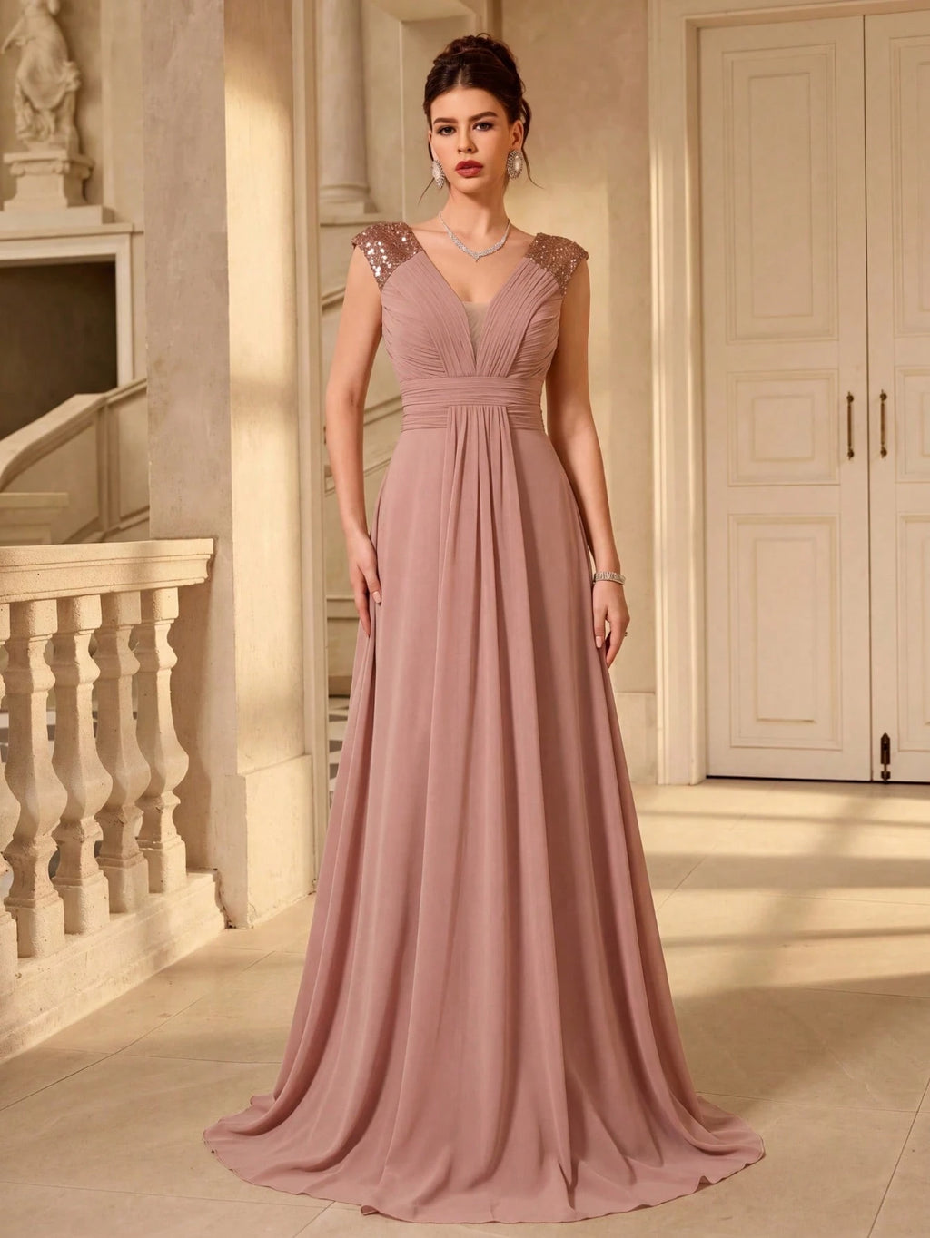 UNITHORSE V-Neck Ruffle Sleeve Pleated Leaf Net Mesh Splice Party Evening Dress Wedding - image 4