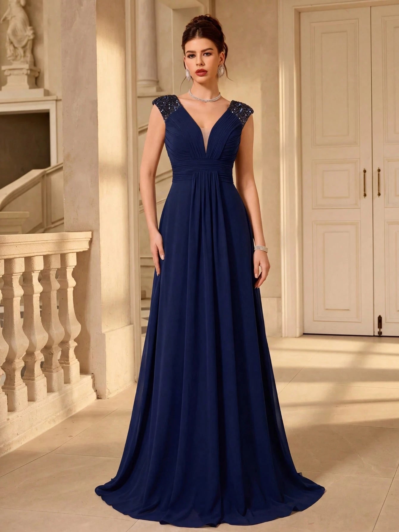UNITHORSE V-Neck Ruffle Sleeve Pleated Leaf Net Mesh Splice Party Evening Dress Wedding - image 10