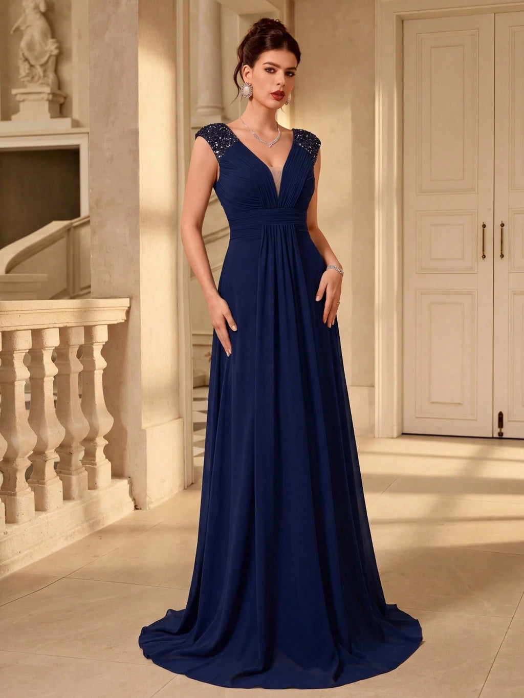 UNITHORSE V-Neck Ruffle Sleeve Pleated Leaf Net Mesh Splice Party Evening Dress Wedding - image 12
